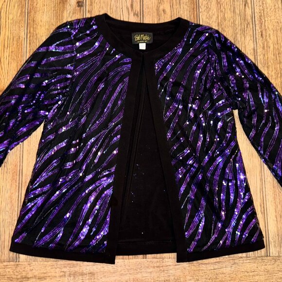 Vintage Bob Mackie Wearable Art Sequin Jacket Small | Purple & Black Zebra Glam - Picture 1 of 14